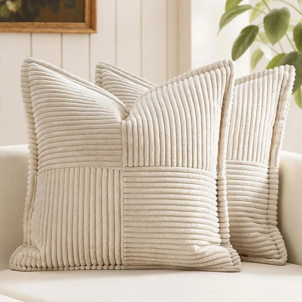 Set of 2, 18x18 Inch Striped Patchwork Corduroy Decorative Throw Pillow Covers